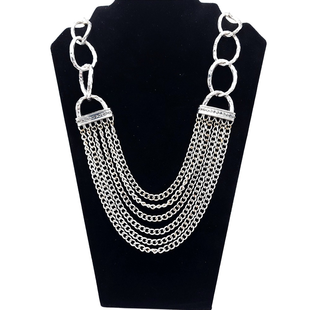 Jules B Silver Tone Multi Strand Rhinestone Bib Statement Necklace Layered Chain